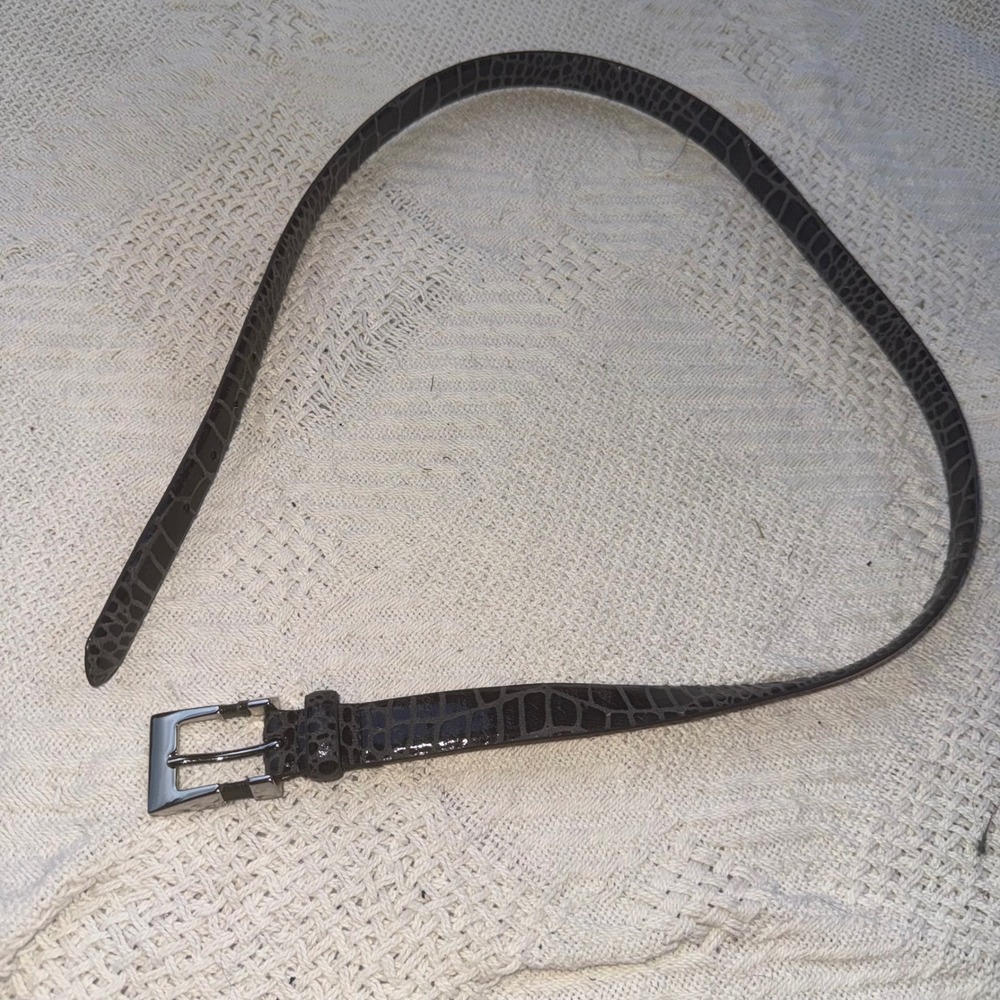 Lake Shore Drive Grey Crocodile Embossed Leather Lined Skinny Belt Large Silver